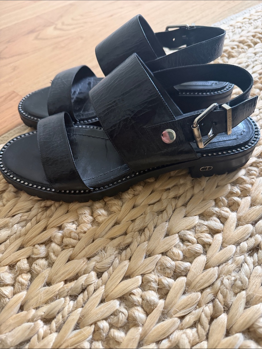 Dior Black Leather Studded Strap Sandals with Ankle Buckle - Picture 2 of 6